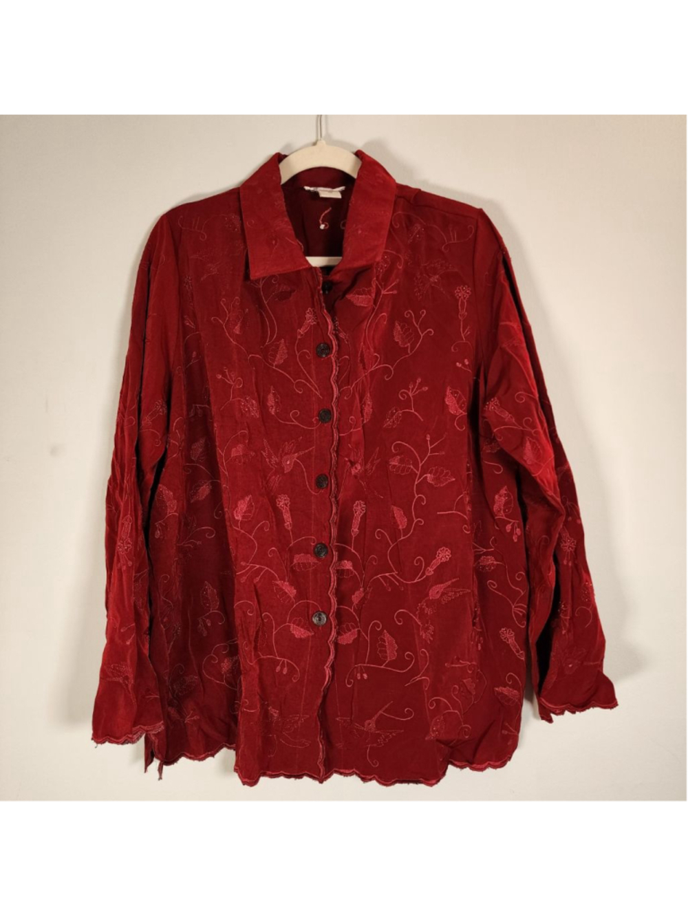Women's Red Embroidered Button Down Shirt 1X